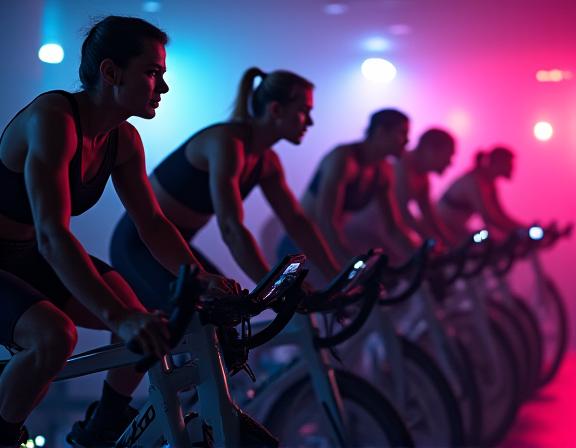 Indoor cycling and spin classes in modern cardio fitness studio